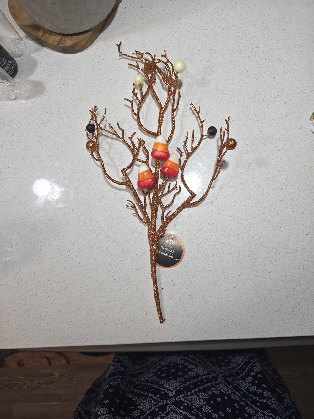 Glittery Copper Branch Pick with Candy Corn and Bead Accents